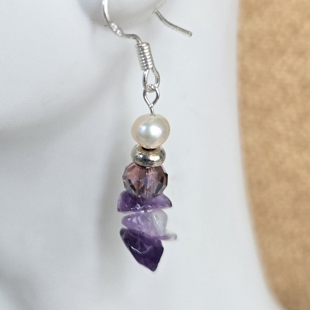 Amethyst Chip Dangle Earrings with Pearl Accent - Purple